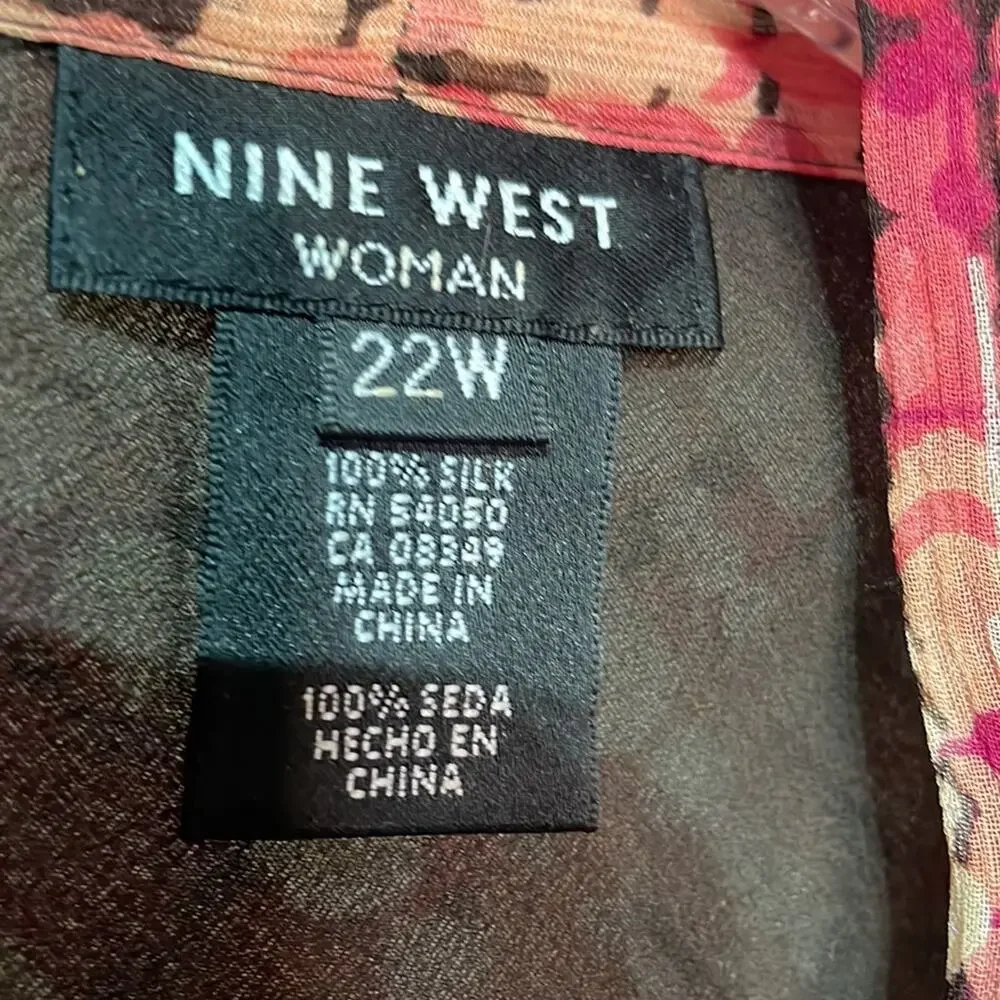 Nine West 22w 💯silk cap sleeve lined blouse bias cut plaid neckline bow euc